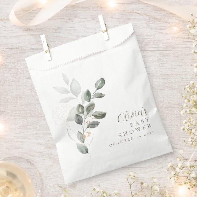 Custom Minimalist Gold Greenery Baby Shower Favour Bag (Clipped)