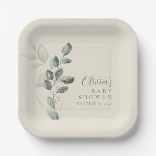 Custom Minimalist Gold Greenery Baby Shower Paper Plate