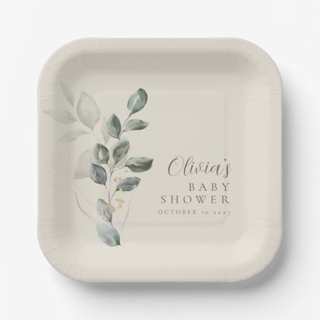 Custom Minimalist Gold Greenery Baby Shower Paper Plate (Front)