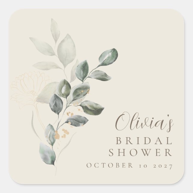 Custom Minimalist Gold Greenery Bridal Shower Square Sticker (Front)