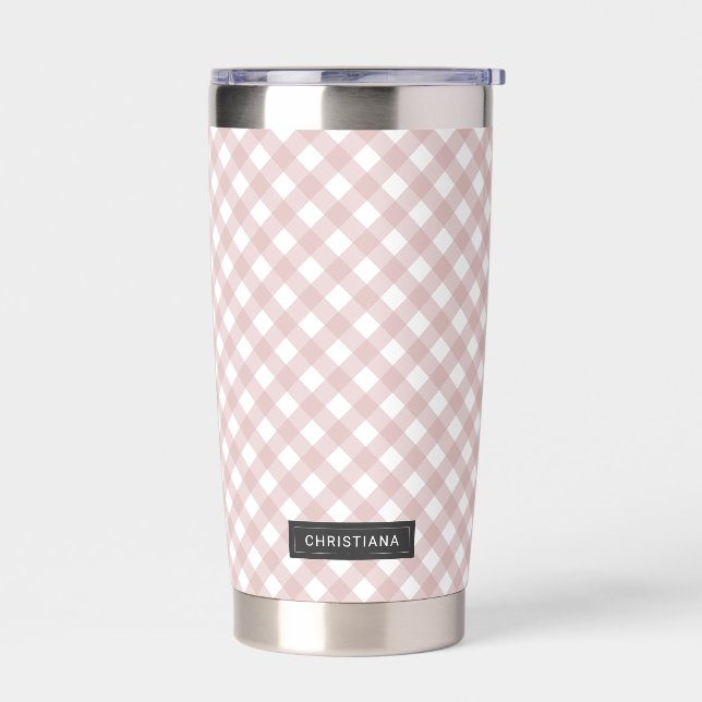 Custom Minimalist Muted Pink Shade Plaid Pattern Insulated Tumbler (Left)