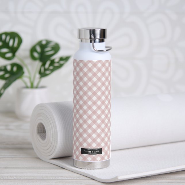 Custom Minimalist Muted Pink Shade Plaid Pattern Water Bottle (Yoga)