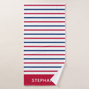 Custom Minimalist Red and Blue Stripes Modern Bath Towel