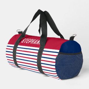 Custom Minimalist Red and Blue Stripes Modern Duffle Bag