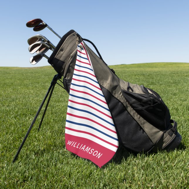 Custom Minimalist Red and Blue Stripes Modern Golf Towel (Green)