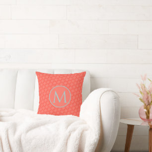 Custom Mint Coral Geometric Pattern Monogrammed Throw Pillow