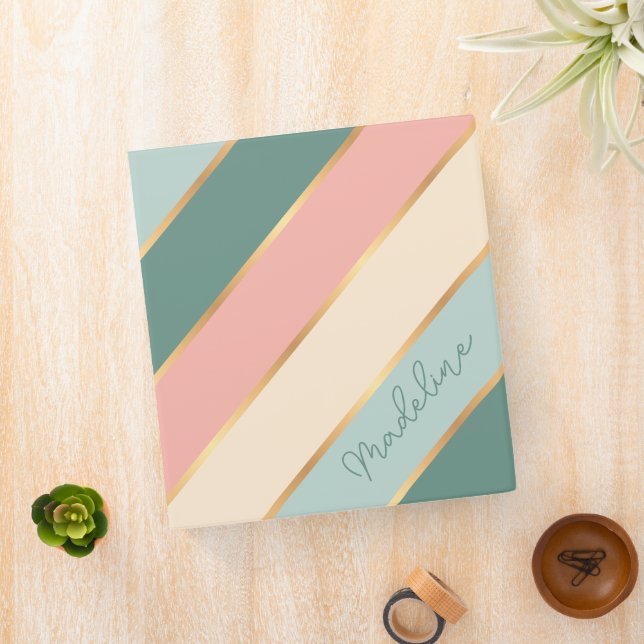 Custom Mint Green Soft Blush Pink Gold Art Stripes Binder (In Situ)