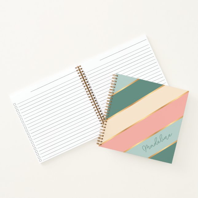 Custom Mint Green Soft Blush Pink Gold Art Stripes Notebook (Inside)