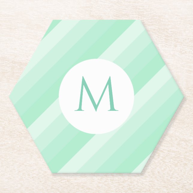 Custom Mint Green Stripes Modern Monogram Template Paper Coaster (Front)