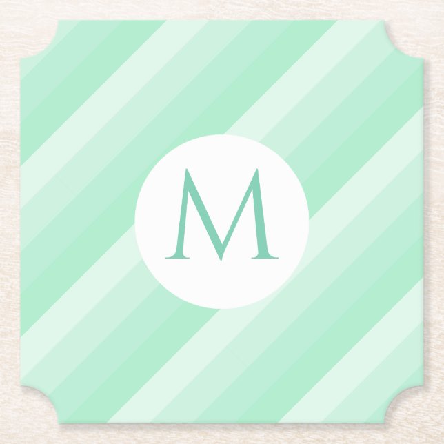 Custom Mint Green Stripes Trendy Modern Monogram Paper Coaster (Front)