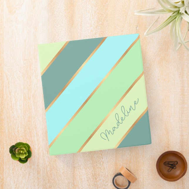Custom Mint Green Teal Turquoise Blue Gold Stripes Binder (In Situ)
