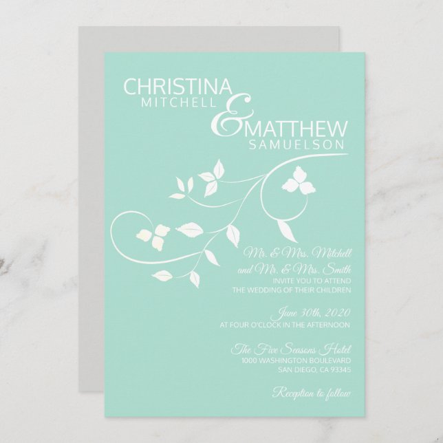 Custom MINT Green White Leaves Vine Wedding Invitation (Front/Back)