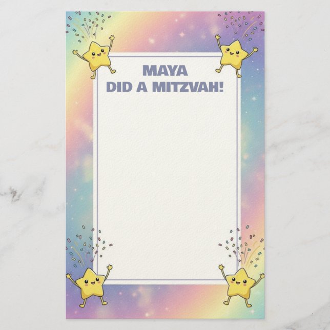 Custom Mitzvah Note Rainbow Confetti Stars Stationery (Front)