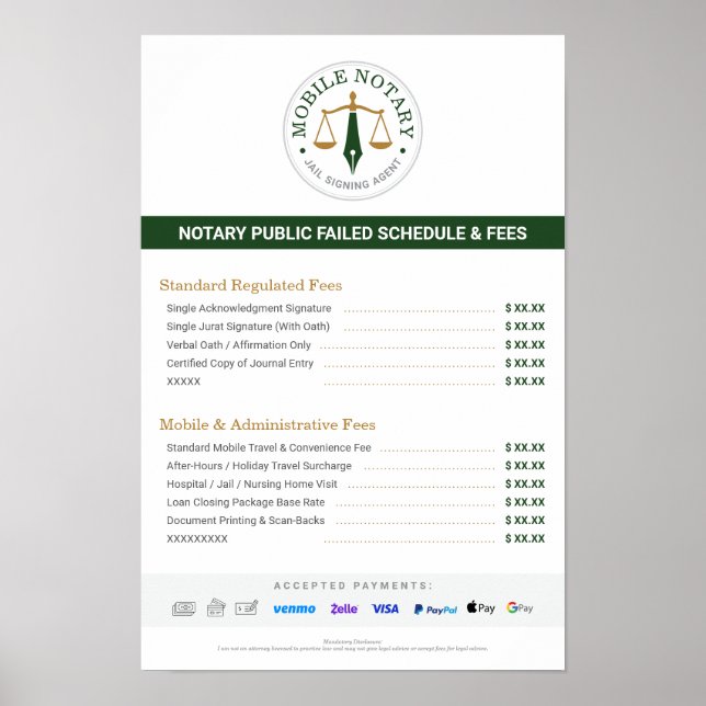 Custom Mobile Notary Fee Schedule Price List Green Poster (Front)