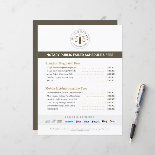 Custom Mobile Notary Fee Schedule Price List Khaki (Front/Back In Situ)