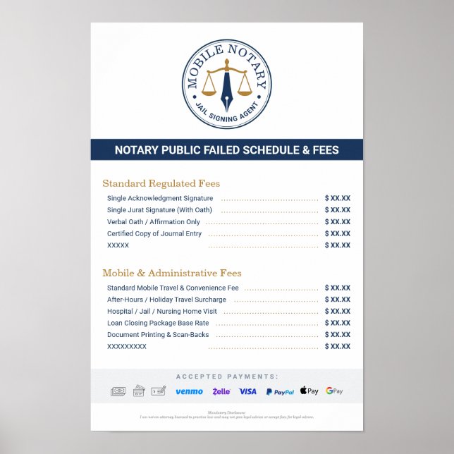 Custom Mobile Notary Fee Schedule Price List Navy Poster (Front)