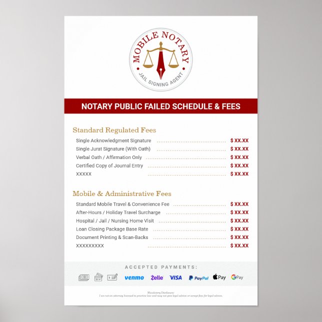 Custom Mobile Notary Fee Schedule Price List Red Poster (Front)
