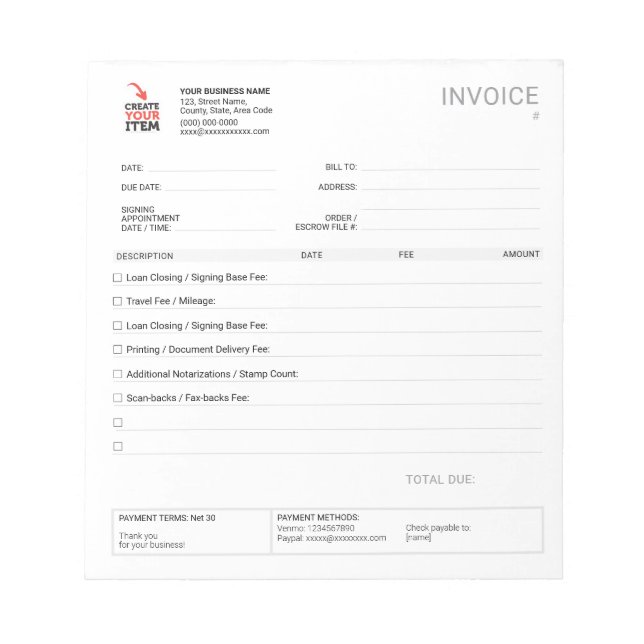 Custom Mobile Notary Invoice Template Checklist Notepad (Front)