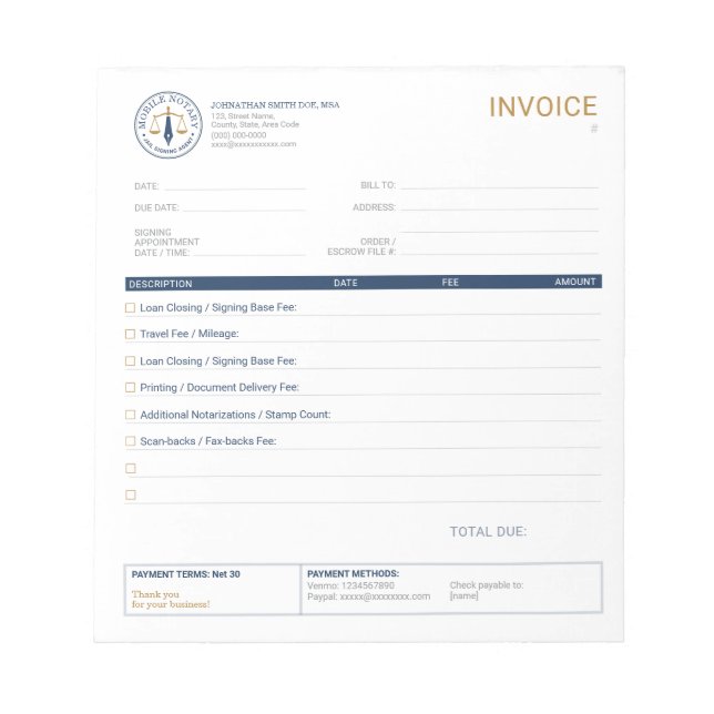 Custom Mobile Notary Invoice Template Checklist Notepad (Front)