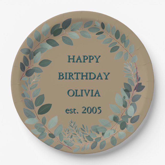 Custom Mocha mousse Eucalyptus Watercolor Leaf  Paper Plate (Front)