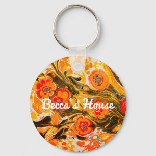 Custom Mod Mid Century Orange Flowers Yellow Brown Keychain