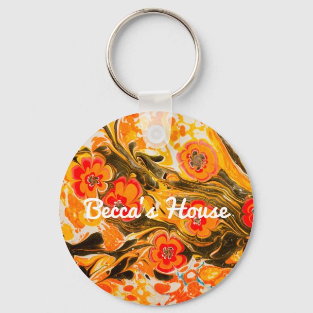 Custom Mod Mid Century Orange Flowers Yellow Brown Keychain (Front)