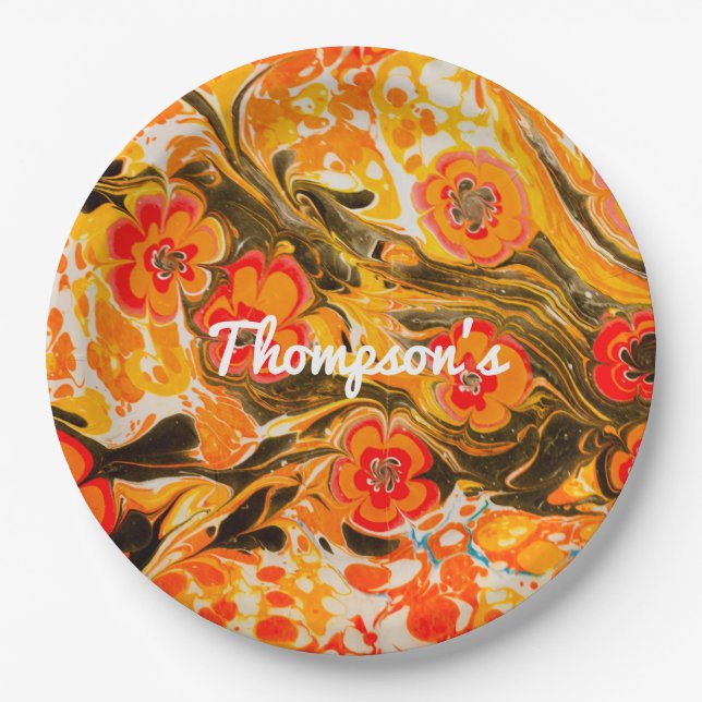 Custom Mod Mid Century Orange Flowers Yellow Brown Paper Plate (Front)