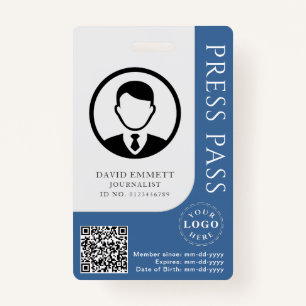 Custom Moderate Blue Press Pass with Editable Deta Badge
