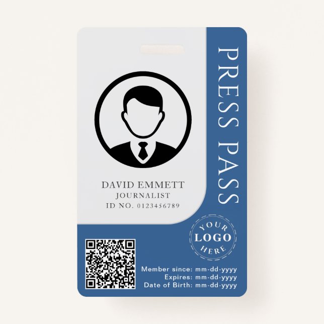 Custom Moderate Blue Press Pass with Editable Deta Badge (Front)