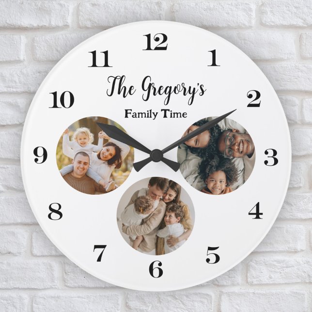 Custom Modern 3 Photo Collage Fun Family Time Pun Large Clock (Creator Uploaded)