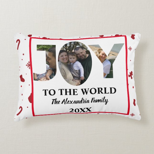 Custom modern 3 photo collage joy to the world accent pillow (Front)