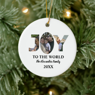 Custom modern 3 photo collage joy to the world ceramic ornament