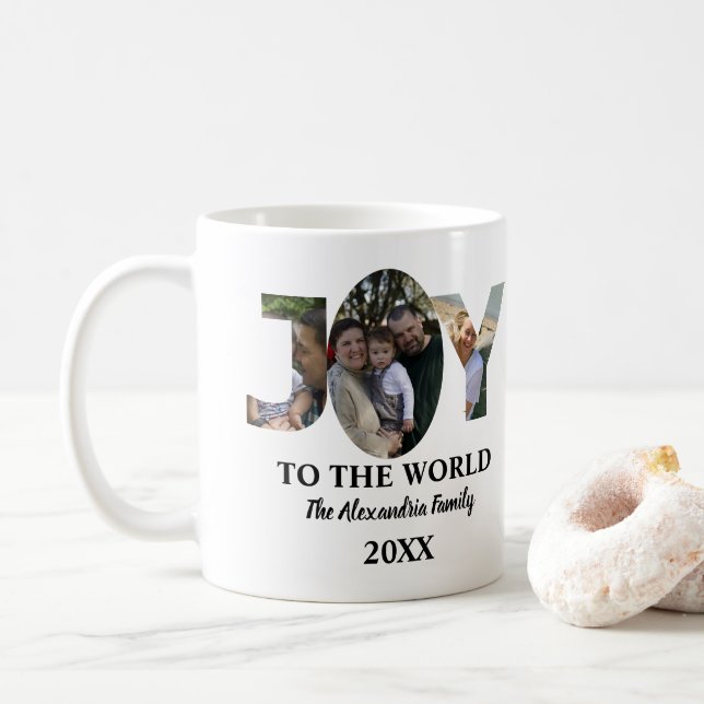 Custom modern 3 photo collage joy to the world coffee mug (With Donut)