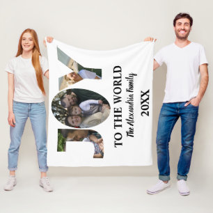 Custom modern 3 photo collage joy to the world fleece blanket