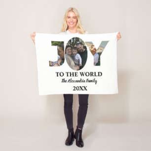 Custom modern 3 photo collage joy to the world fleece blanket