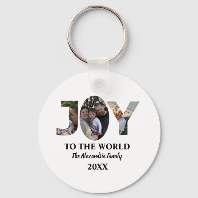 Custom modern 3 photo collage joy to the world keychain (Front)