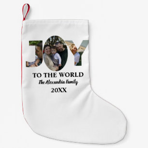 Custom modern 3 photo collage joy to the world small christmas stocking