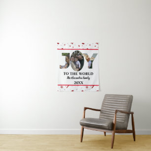 Custom modern 3 photo collage joy to the world tapestry