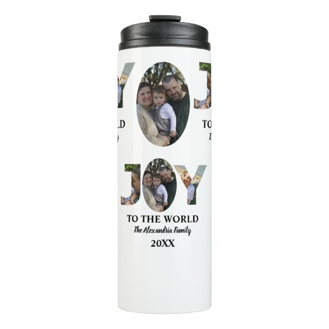 Custom modern 3 photo collage joy to the world thermal tumbler (Front)