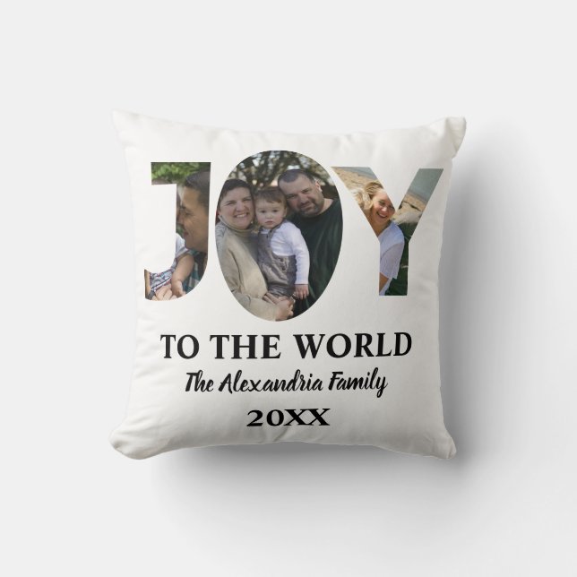 Custom modern 3 photo collage joy to the world throw pillow (Front)