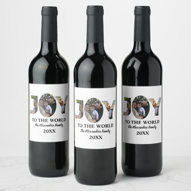 Custom modern 3 photo collage joy to the world wine label (Bottles)