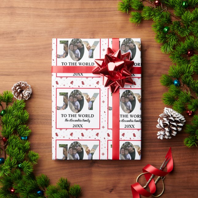 Custom modern 3 photo collage joy to the world wrapping paper (Holiday Gift)