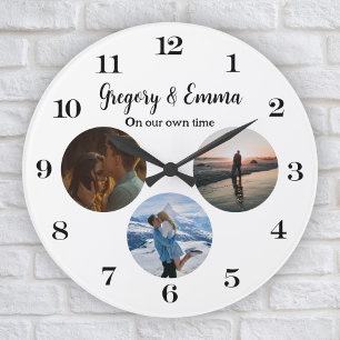 Custom Modern 3 Photo Collage Newly Weds Our Time  Large Clock