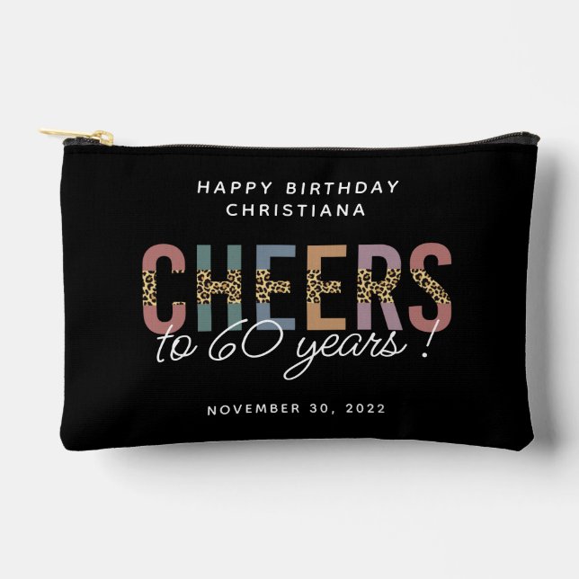 Custom Modern 60th Birthday Leopard Typography Accessory Pouch (Front)