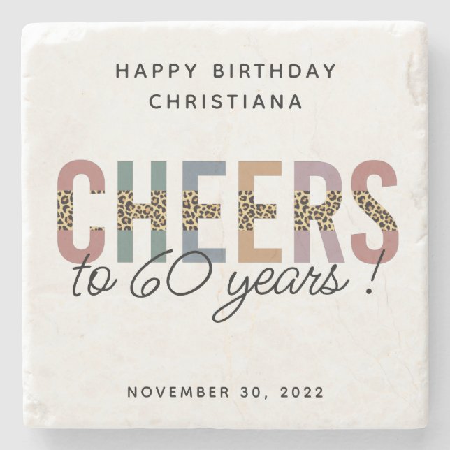 Custom Modern 60th Birthday Leopard Typography Stone Coaster (Front)