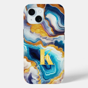 Custom Modern Aqua Purple Golden Monogram iPhone 15 Case