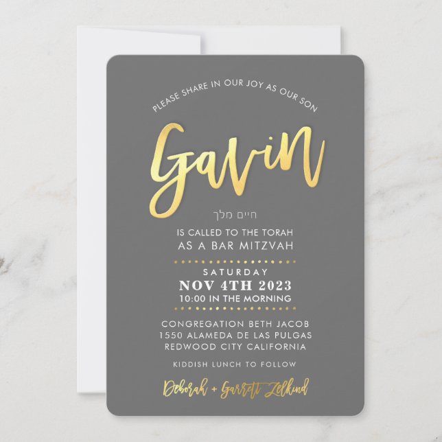 CUSTOM modern Bar Mitzvah for GAVIN grey faux gold Invitation (Front)