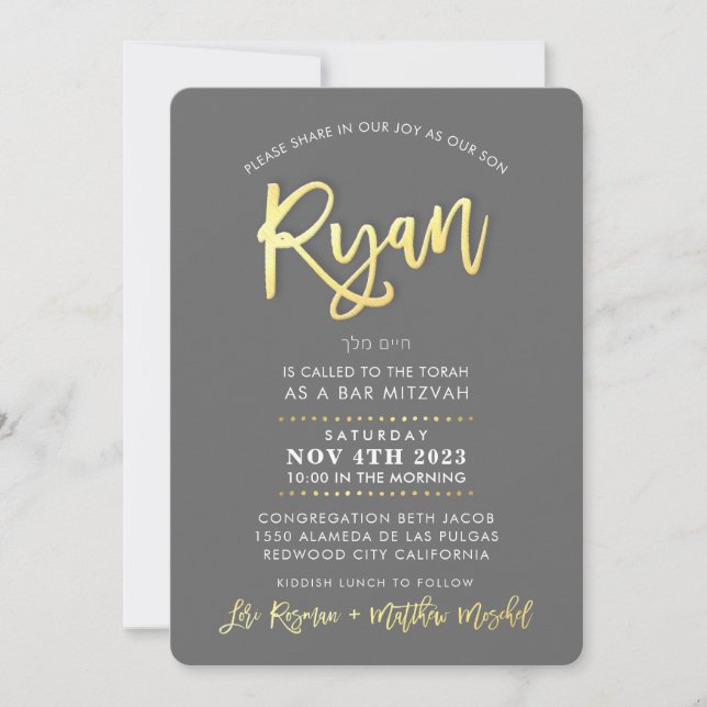CUSTOM modern Bar Mitzvah for RYAN grey faux gold Invitation (Front)