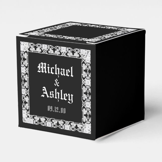 Custom Modern Black And White Lace Monogram Favor Box (Front Side)