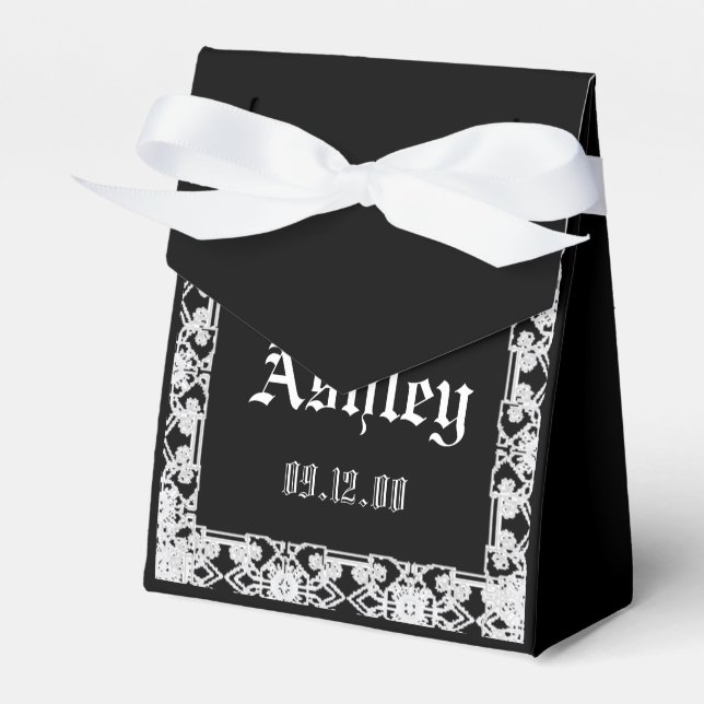 Custom Modern Black And White Lace Monogram  Favor Box (Front Side)